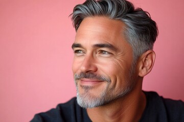 Pink solid background. A confident and modern man embracing his