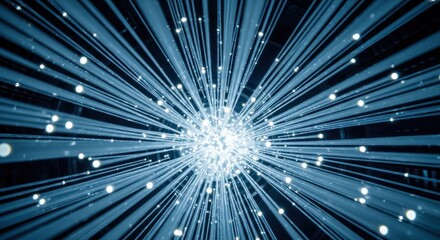 Radiant blue light burst with countless beams and sparkling particles against dark