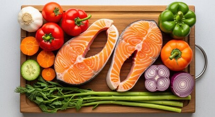 Raw salmon steaks surrounded by fresh colorful vegetables on a wooden cutting board