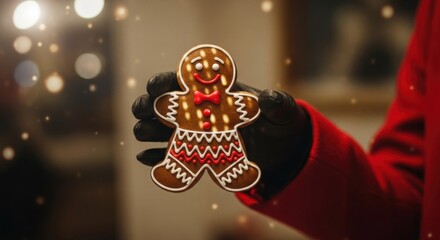 Red-sleeved gloved hand holds decorated smiling gingerbread man cookie with festive bokeh