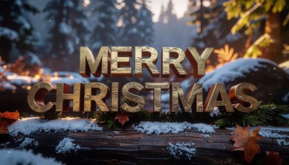 Golden Merry Christmas Text in Snowy Winter Scene