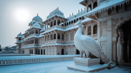 White peacock statue in front of a snow-covered ornate palace sculpture