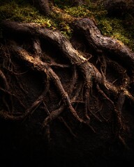 Extreme close-up of exposed tree roots intertwined over soil and moss, deep earthy tones