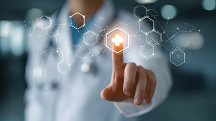 Health innovation: A doctor's hand interacting with a futuristic digital interface symbolizing healthcare advancements.