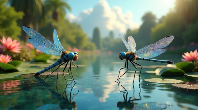 Two iridescent dragonflies rest on lily pads in a serene pond with lotus flowers and misty mountains