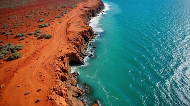 Stunning aerial view of the Pilbara coastline Australia, showcasing vibrant red earth and deep blue waters in a breathtaking 4k drone panorama