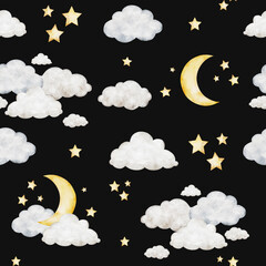 Crescent moon, clouds and stars. Cute seamless pattern. Watercolor Isolated weather baby illustration. Children's celestial dark background for kids goods,linen, pajamas and children's room.