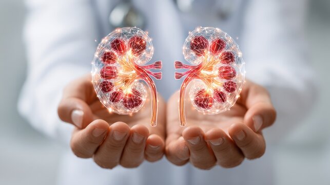 Kidney anatomy in safe hands: A medical expert gently cradles a detailed, illuminated representation of the kidneys. Capturing the vital organ, health, and medical science