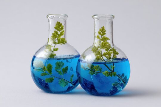 Colorful laboratory flasks with blue liquid and green plant elements placed on a white surface during a science experiment