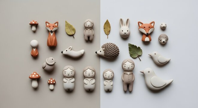 Stylized forest animals objects on two tone neutral background