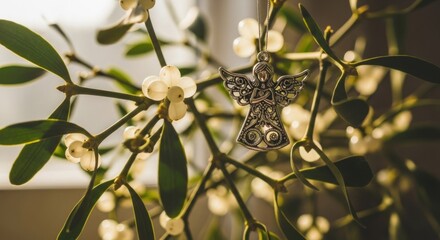 Obraz premium Silver angel ornament hangs delicately within vibrant mistletoe with white berries, warm glow