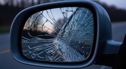 Obraz premium Shattered car wing mirror showing a fractured reflection of a highway and sunset