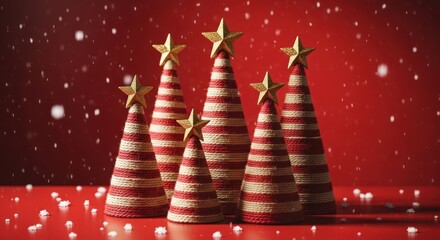 Six striped conical trees topped with gold stars on a vibrant red background, falling snow