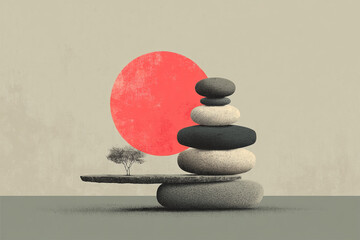 Minimalist Illustration of Balanced Stone Stack with Floating Stone, Sage and Coral Gradient, Zen Surreal Concept