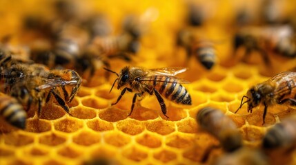 Busy Bees: A close-up view unveils industrious bees meticulously working within their honeycomb, illustrating their collective effort and intricate hive structures.
