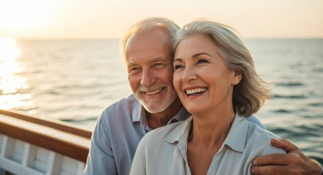 Smiling senior couple embracing on a cruise ship deck at golden hour, ocean background