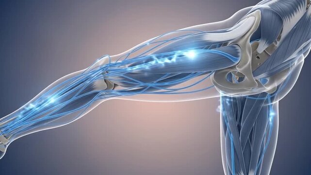 Human Anatomy Animation of Nervous System Showing Electrical Impulses Firing Through Leg Muscles and Bones. 3D Sci-Fi Medical Illustration.