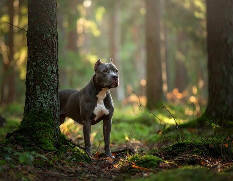 A muscular gray dog in a sunlit forest stands between trees