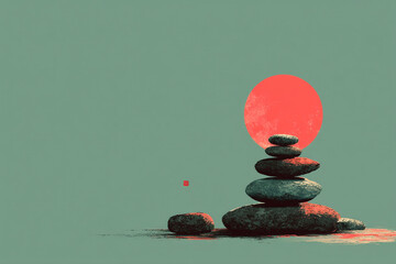 Minimalist Illustration of Balanced Stone Stack with Floating Stone, Sage and Coral Gradient, Zen Surreal Concept