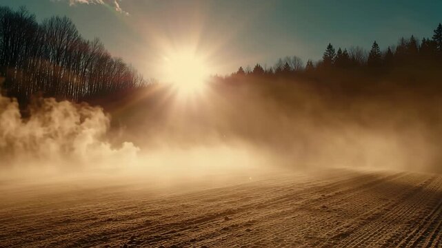 Intense golden sunlight pierces through a vast cloud of dust rising from an open field, creating a dramatic, hazy landscape scene with silhouetted trees.
