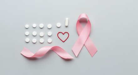 Flat lay composition featuring rows of white pills, a red glitter heart, and a pink awareness ribbon on a minimalist grey background, symbolizing health and support.