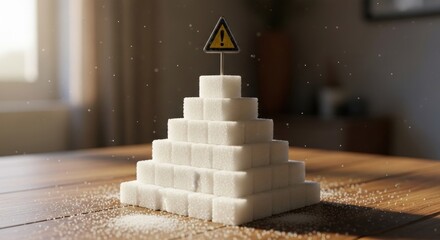Sugar cube pyramid with warning sign, scattered granules on wooden table, indoors