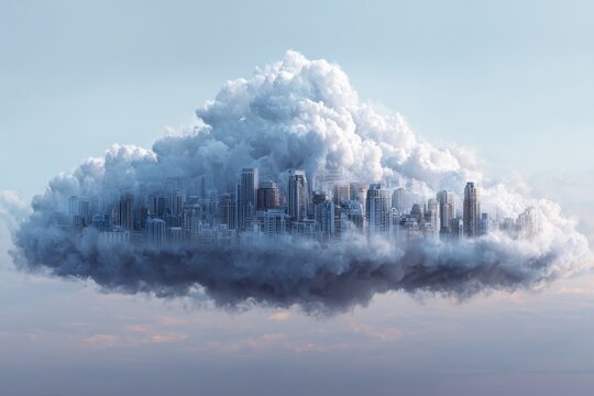 Cloud computing icon depicting a virtual cityscape floating within a massive cloud, symbolizing the fusion of technology and the digital world in a seamless manner