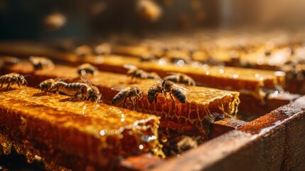 Golden Honeycomb: An intimate view of a honeycomb, glistening with fresh honey, where industrious bees diligently work to create a sweet, golden masterpiece.