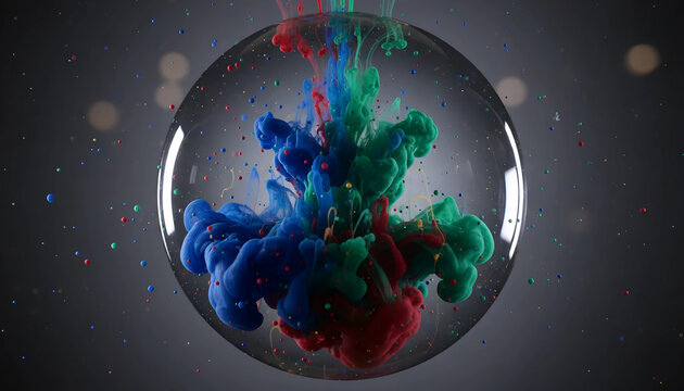 Abstract Ink Explosion in Bubble, Colorful Ink Flowing Inside Sphere, Vibrant Ink Droplets in a Bubble