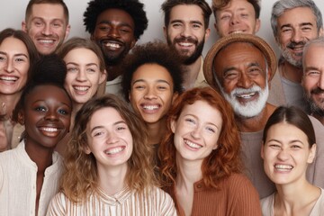 Diverse group of cheerful people smiling together in a brightly lit indoor setting with soft colors during a joyful gathering