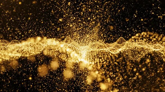 Seamlessly looping abstract simulation where golden glowing particles coalesce briefly into a stable wave form before instantly dissolving and reforming stable wave form, corporate, wave simulation