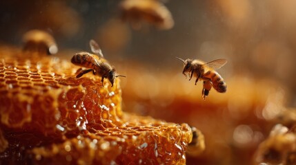 Golden Bees and Honeycomb: A macro shot captures bees at work on a textured honeycomb, glistening with golden honey. Evokes the sweetness and industry of nature.