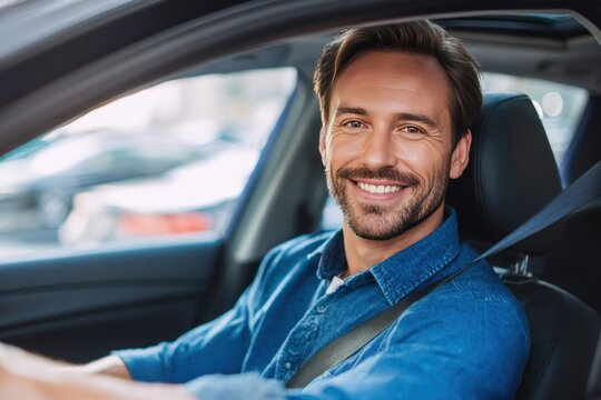 Happy man driving a car with seatbelt on enjoys a sunny day in the city, reflecting joy and safety while navigating urban streets - Powered by Adobe
