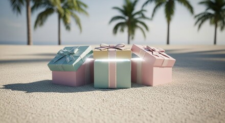 Three pastel gift boxes on a bright sandy beach, one glowing under tropical palm trees
