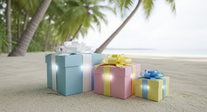 Three glowing wrapped gifts on a tropical sandy beach with palm trees and ocean - Powered by Adobe