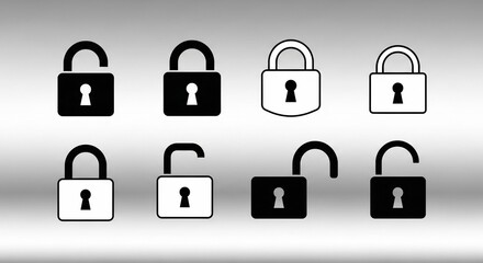 A collection of eight padlock icons showing locked and unlocked states in various styles.