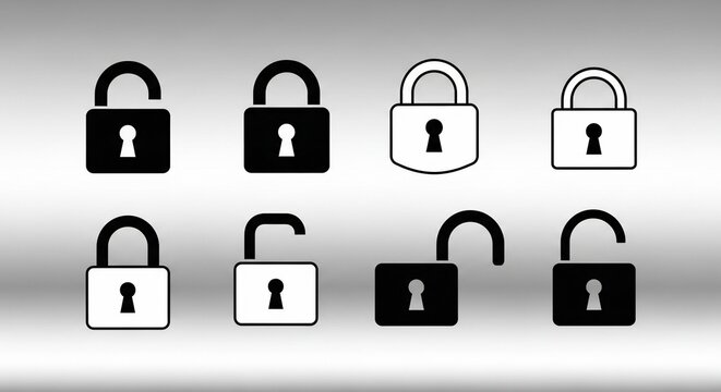 A collection of eight padlock icons showing locked and unlocked states in various styles.
