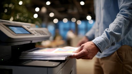 Office Worker Handling Documents at Printer in Modern Workspace