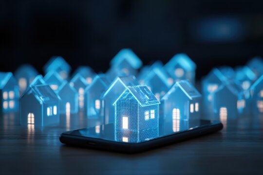 Smart home network concept with glowing blue digital houses surrounding a smartphone on a table - Powered by Adobe