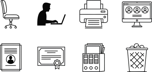 Office & Workplace Essentials Line Art Icons – Vector Set for Business, Productivity, and Administrative Tasks