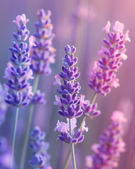 Obraz premium Close up of beautiful purple lavender flowers in a field with soft bokeh background