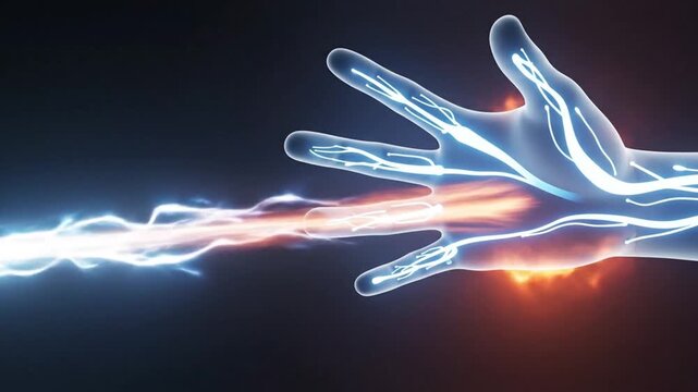 Futuristic animation of a human hand absorbing a powerful energy beam