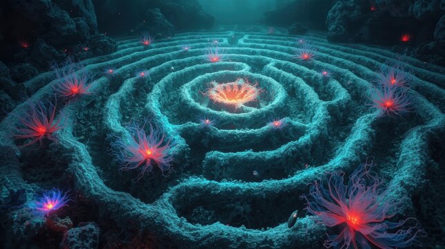 Mysterious glowing maze in a dark underwater cave with bioluminescent lights