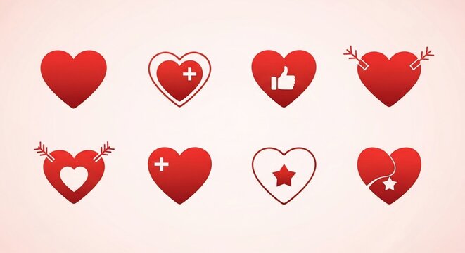 A collection of eight diverse red heart icons with various symbols and designs, representing love, health, likes, and broken hearts.