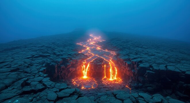 Underwater volcanic eruption with molten lava glowing orange through cracks in dark seabed - Powered by Adobe
