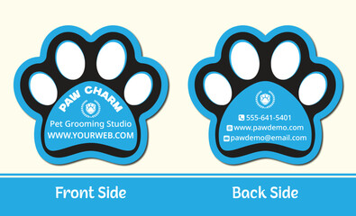 Die-cut Paw Shape Business Card Template - Modern Blue and Black Design for Pet Grooming Studio, Veterinary Clinic, or Pet Shop Branding