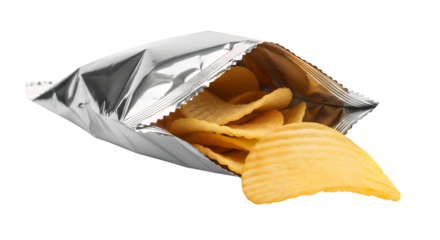 Crispy Potato Chips Spilling from Silver Bag Isolated on Transparent Background