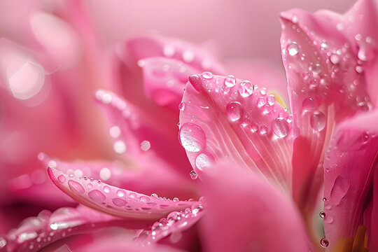 Delicate pink flower petals glistening with fresh water droplets in soft light - Powered by Adobe