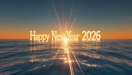 Happy New Year 2026 greeting over ocean at sunset, a vision of hope and renewal with sparkling water and glowing text wishing joy and success