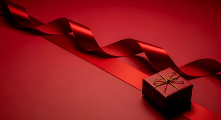 Wavy Red Ribbon and Small Gift Box on Red Background